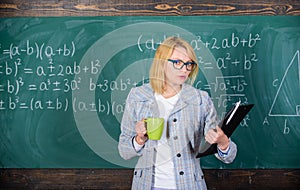 Find time to relax and stay positive. Keep positive attitude to work. Woman with tea cup chalkboard background. Prevent