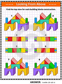 Find top view visual math puzzle with building blocks