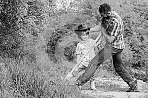 Find treasures. Little boy and father with shovel looking for treasures. Spirit of adventures. Adventure hunting for