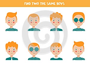 Find two identical boys. Educational worksheet for kids
