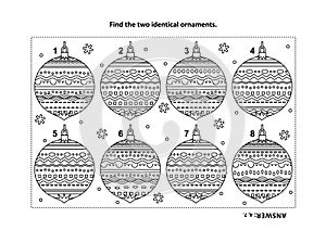 Find the two identical christmas ornaments visual puzzle and coloring page