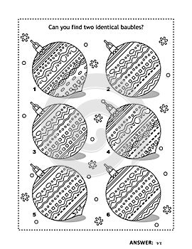 Find the two identical pictures with christmas baubles visual puzzle and coloring page photo