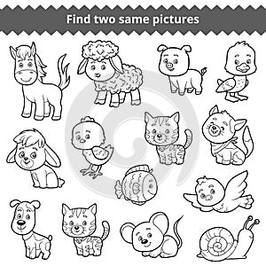 Find two identical pictures, education game, set of farm animals