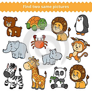 Find two identical pictures, education game, set of zoo animals