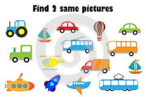 Find two identical pictures, fun education game with transport in cartoon style for children, preschool worksheet activity for