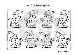 Find the two identical pictures with gingerbread man visual puzzle and coloring page