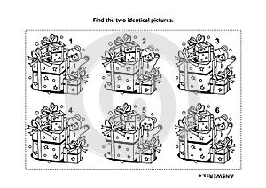 Find the two identical pictures with presents and teddy bear visual puzzle and coloring page