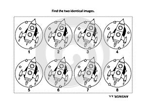 Find the two identical pictures with rocket or spaceship visual puzzle and coloring page