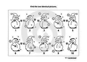 Find the two identical pictures with snowman visual puzzle and coloring page