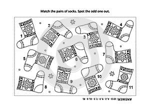 Visual logic puzzle and coloring page with knitted socks photo