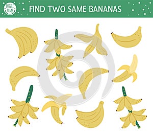 Find two same bananas. Tropical matching activity for preschool children with cute tropic fruits. Funny jungle puzzle for kids.