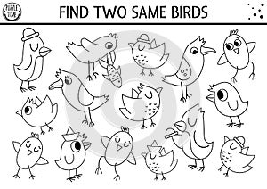 Find two same birds. Forest black and white matching activity or coloring page. Funny outline woodland logical quiz worksheet for