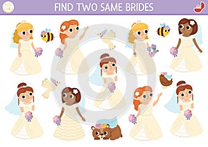 Find two same brides. Marriage ceremony matching activity for children. Wedding educational quiz worksheet for kids for attention