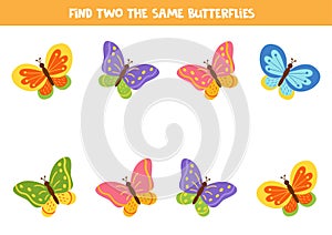 Find two the same cute cartoon butterflies.