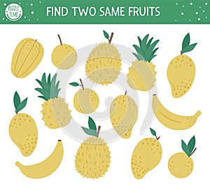 Find two same fruits. Tropical matching activity for preschool children with cute tropic fruit. Funny jungle puzzle for kids.