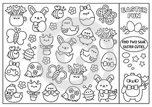 Find two same kawaii cuties. Easter black and white matching activity for children. Spring holiday line quiz or coloring page for