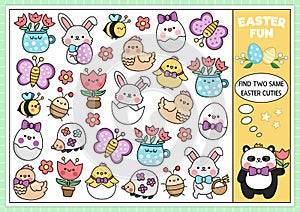 Find two same kawaii cuties. Easter matching activity for children. Spring holiday educational quiz worksheet for kids for