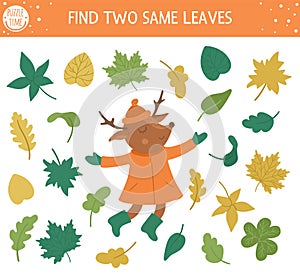 Find two same leaves. Autumn matching activity for children. Funny educational fall season logical quiz worksheet for kids. Simple photo