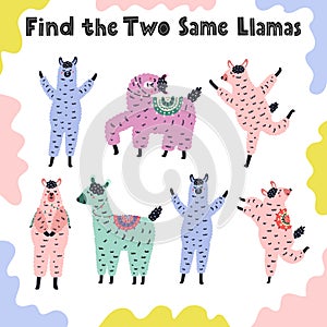 Find the two same llamas. Educational activity game for toddlers