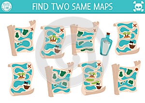 Find two same maps. Treasure island matching activity for children. Sea adventures educational quiz worksheet for kids for