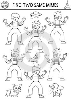 Find two same mimes. Matching black and white activity for children with French traditional street artist in beret, animals.