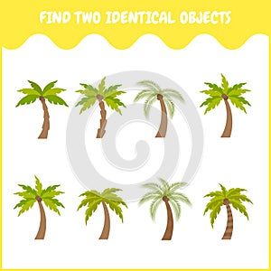 Find two the same palm tree in the picture. Educational matching game for children. Cartoon vector illustration.