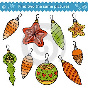 Find two the same pictures. Christmas tree toys