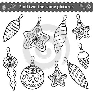 Find two the same pictures. Christmas tree toys