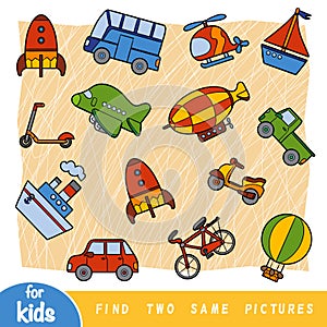 Find two the same pictures, education game. Colorful set of transport