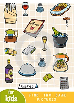 Find two the same pictures, education game, Set of objects for a restaurant