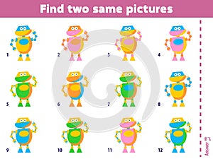 Find two same pictures. Educational matching game for children. Cartoon vector illustration