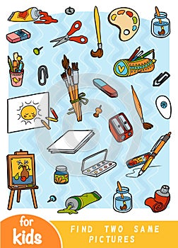 Find two the same pictures, game for children. Color set of artists objects