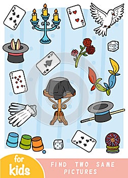 Find two the same pictures, game for children. Color set of magician items