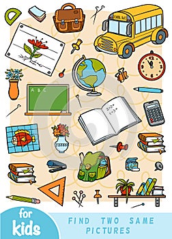 Find two the same pictures, game for children. Color set of school objects