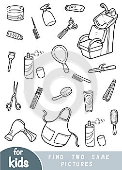 Find two the same pictures, game for children. Set of hairdressers items