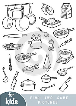 Find two the same pictures, game for children. Set of kitchen objects