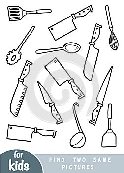 Find two the same pictures, game for children. Set of kitchen utensils
