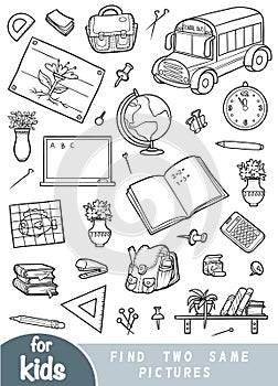 Find two the same pictures, game for children. Set of school objects