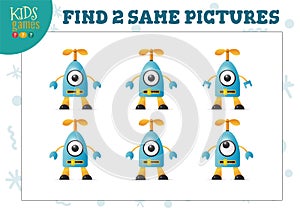 Find two same pictures kids game vector illustration.