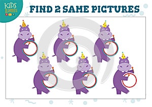 Find two same pictures kids game vector illustration. Activity for preschool children