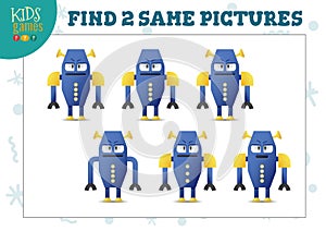 Find two same pictures kids game vector illustration. Activity for preschool children