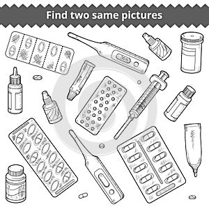 Find two same pictures. Medical vector black and white set