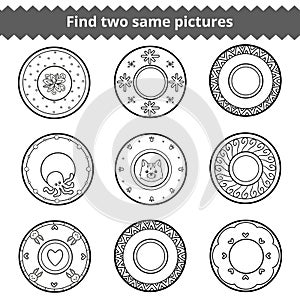 Find two same pictures, plates with animals and geometric ornaments