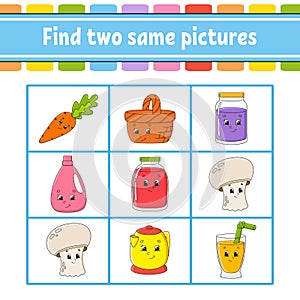 Find two same pictures. Task for kids. Education developing worksheet. Activity page. Game for children. Funny character. Isolated