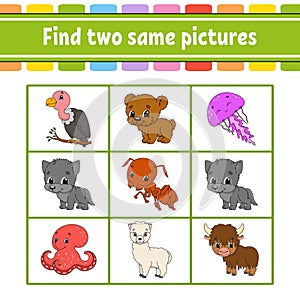 Find two same pictures. Task for kids. Education developing worksheet. Activity page. Game for children. Funny character. Isolated