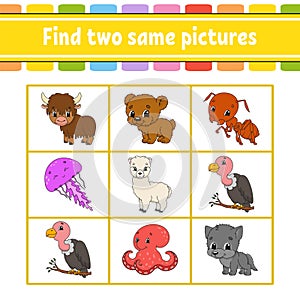 Find two same pictures. Task for kids. Education developing worksheet. Activity page. Game for children. Funny character. Isolated