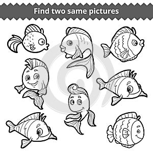 Find two same pictures. Vector black and white set of fishes