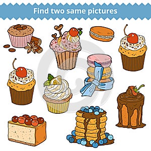 Find two same pictures. Vector color set of cakes and cupcakes