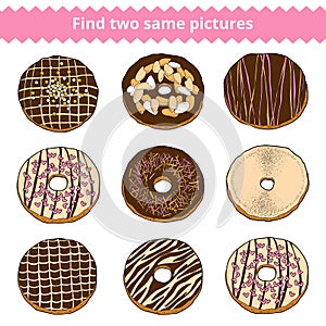 Find two same pictures. Vector color set of donuts