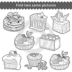 Find two same pictures. Vector colorless set of cakes